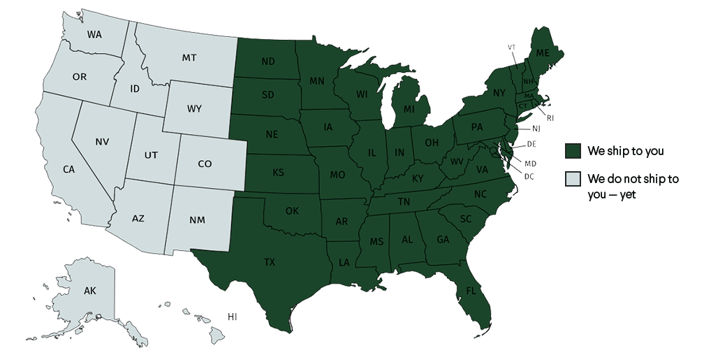 map of united states with states colored in where we ship